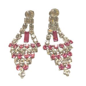 Vintage Dangling Pink And Clear Rhinestone Earrings NWT